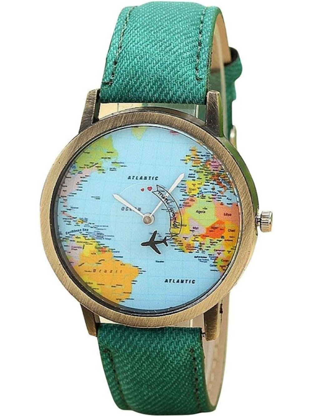 Unisex Green Quartz Leather Band Retro Bronze Case Global Travel World Map Watch